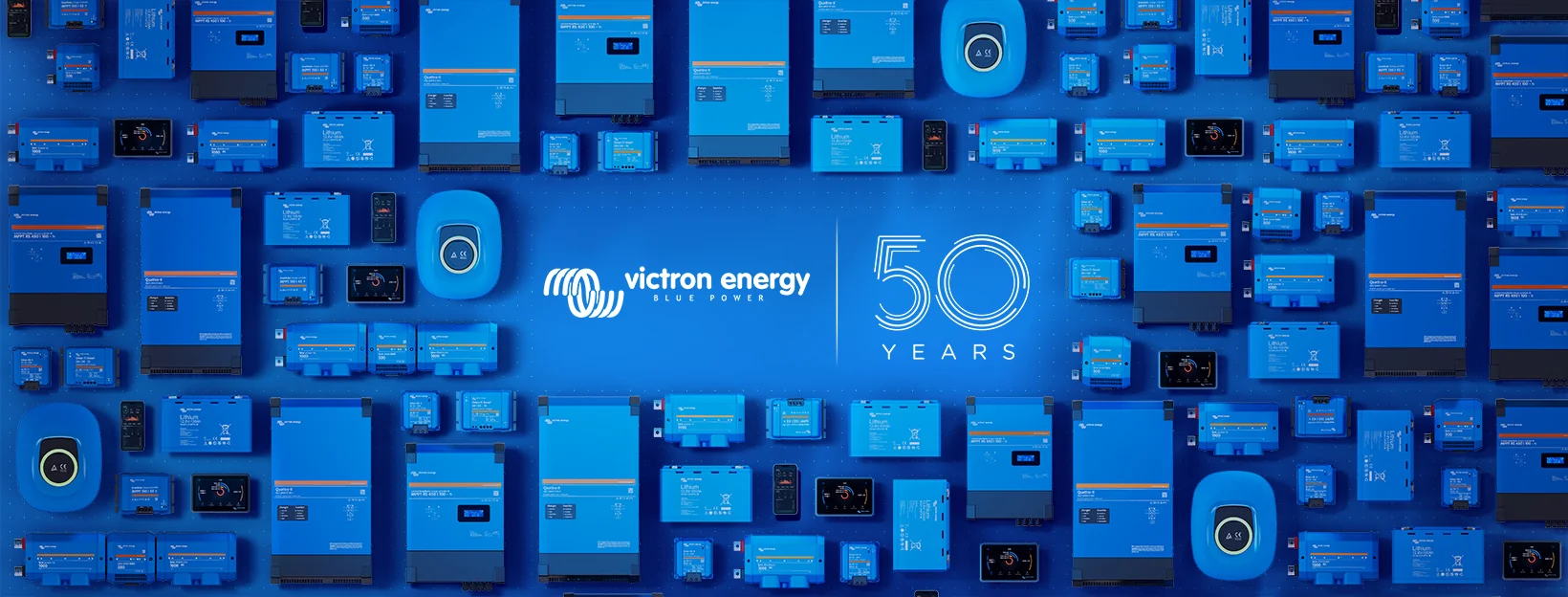 Victron Energy 50 Years product wall at Preston Off Grid